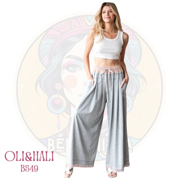Oli & Hali Pants - B549 OLI & HALI Grey Pink Twofer Waistband Wide Leg Sweatpants
